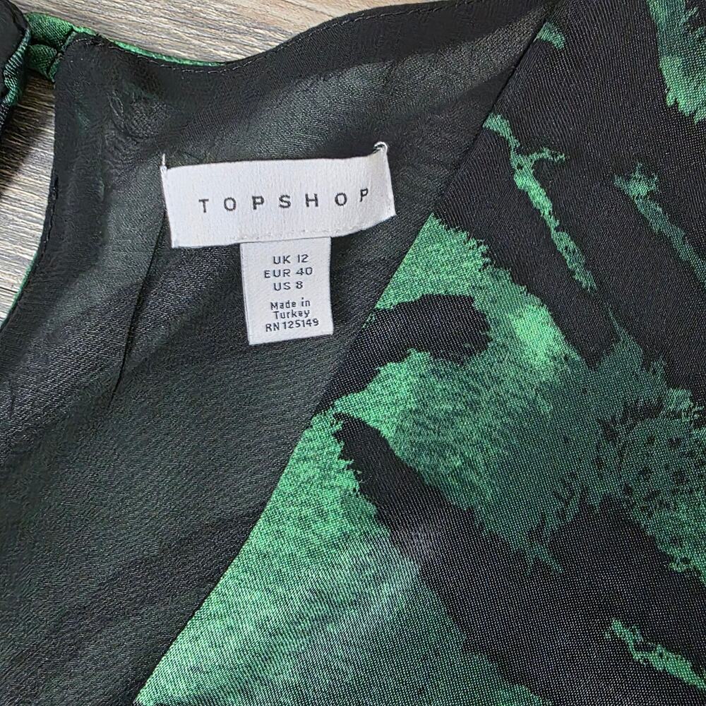 Topshop Green Zebra Print Midi Dress Ruched Front Long Sleeve V Neck Sz 8 - Picture 9 of 11